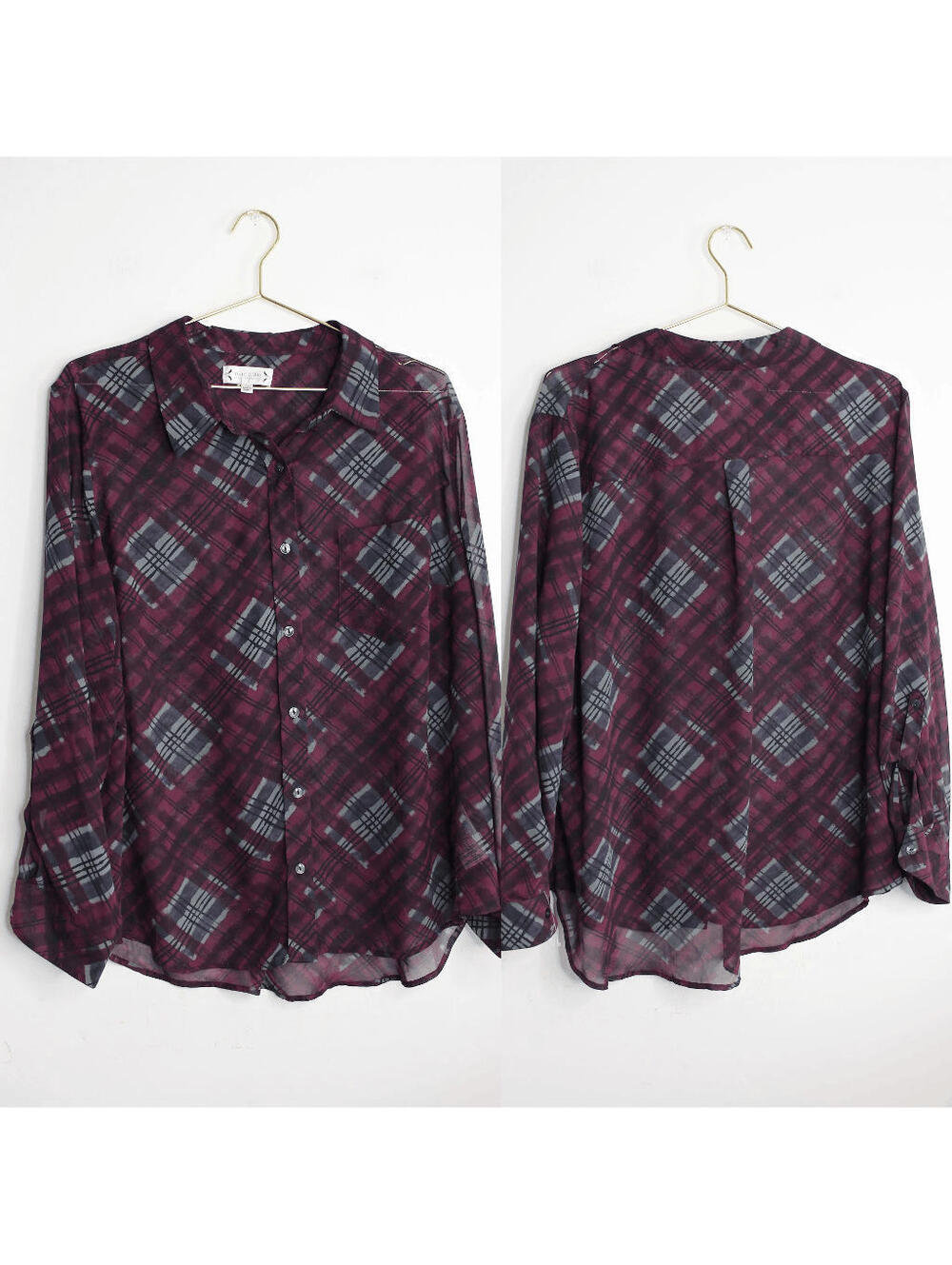Nanette Lepore Purple Gray Black Plaid Long Sleeve Bouse - 2X